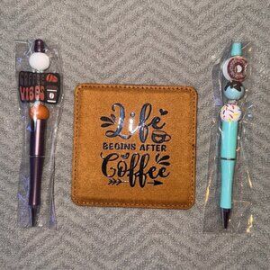 Hand crafted- coffee and donut lovers set. 2 pens and a coaster.